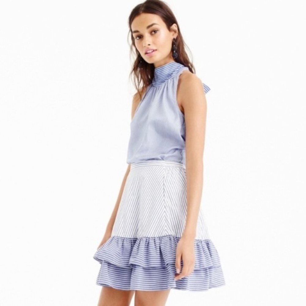 J. Crew 100% Cotton White & Blue Striped Mini Ruffle Summer Skirt 0
